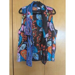 Anu Embroidered 100% Wool Open Vest Drape Neck Floral Artsy Wearable Art Black L